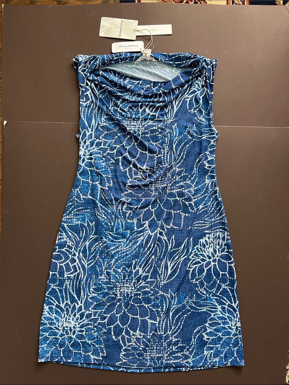 Tommy Bahama Navy Blue Strapless Floral Cowl Dress